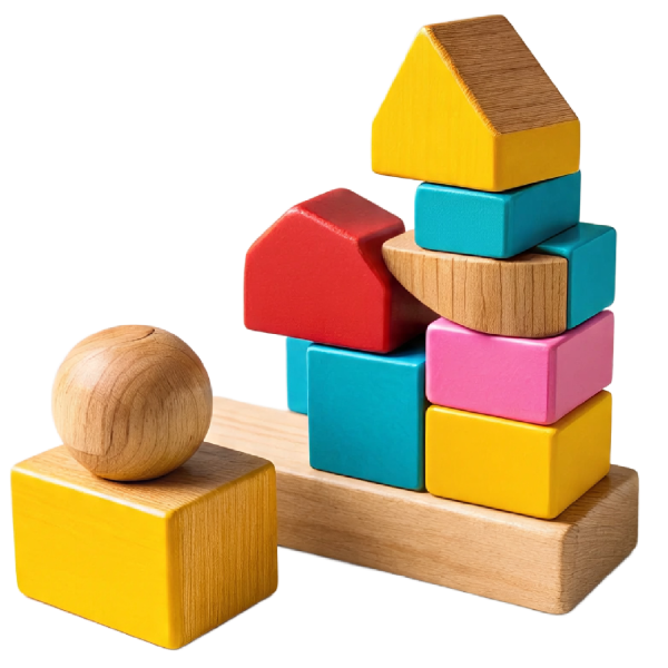 A child's wooden shape sorter toy with colorful blocks, representing Montessori hands-on learning.